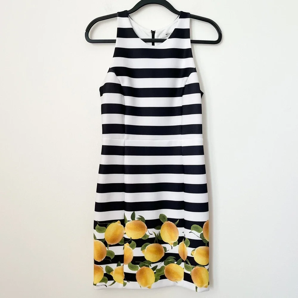 Milly for Design Nation Striped Lemon Print Sleeveless Sheath Dress Womens 6‎